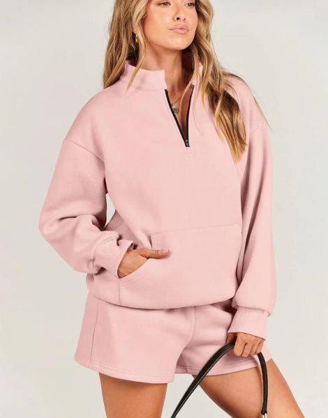 Sweatsuit Oversized Half Zip Collared Sweatshirt & Short Lounge Wear Tacksuit Set
