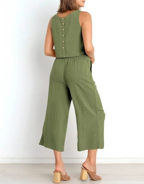 Sleeveless Tank Crop Button Back Top Cropped Pants Set With Pockets