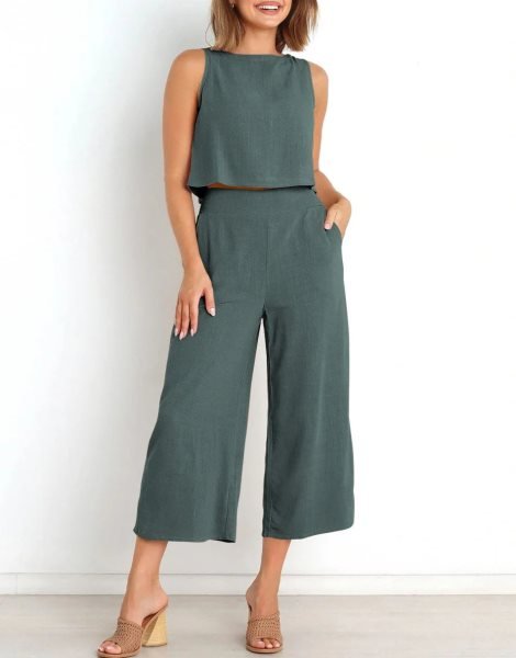 Sleeveless Tank Crop Button Back Top Cropped Pants Set With Pockets