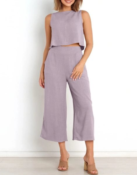 Sleeveless Tank Crop Button Back Top Cropped Pants Set With Pockets