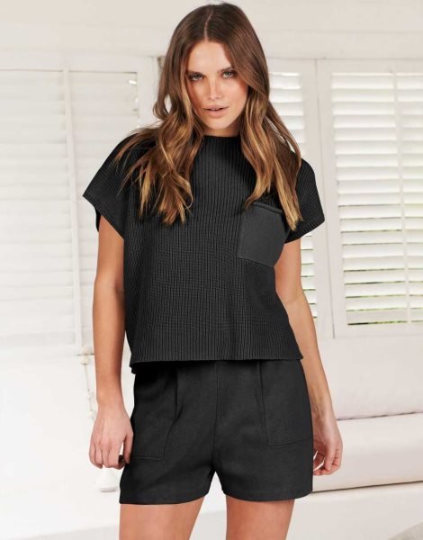 Women's Two Piece Outfits Sweater Short Sets Knit Pullover Tops and Shorts Lounge Set Tracksuit
