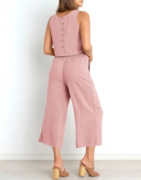 Sleeveless Tank Crop Button Back Top Cropped Pants Set With Pockets