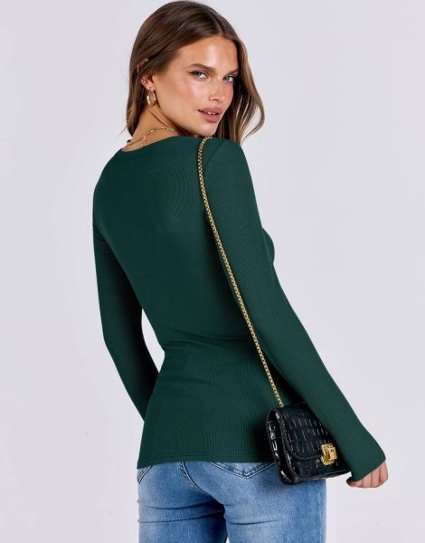 Women Long Sleeve Crewneck Rib Knit Slim Fit Shirts Basic Tee Tops 2024 Casual T-Shirt Going Out Workout Outfits
