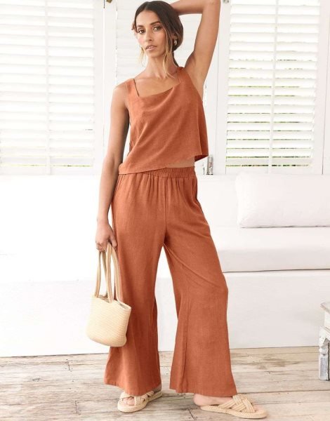2 Piece Outfits Square Neck Sleeveless Tank Crop Top & Wide Leg Pants Lounge Set