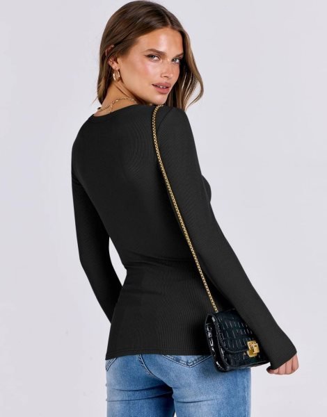 Women Long Sleeve Crewneck Rib Knit Slim Fit Shirts Basic Tee Tops 2024 Casual T-Shirt Going Out Workout Outfits