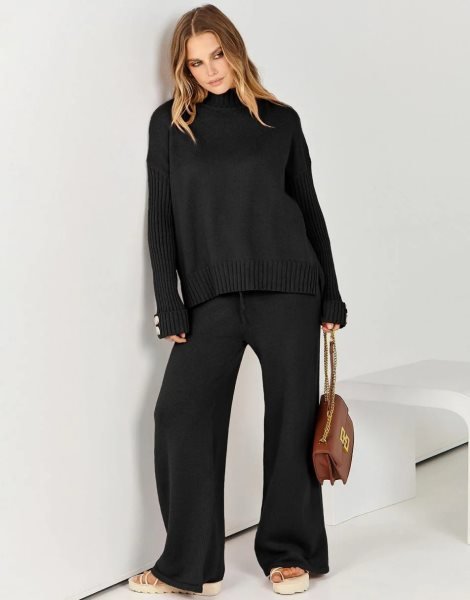 Women's Two Piece Outfits Sweater Sets Long Sleeve Knit Pullover and Wide Leg Pants Lounge Sets