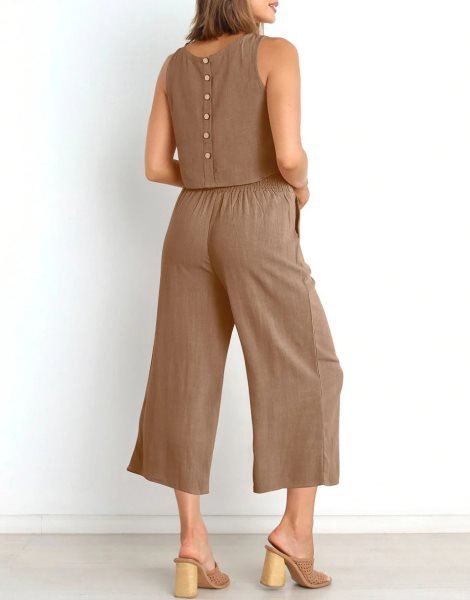 Sleeveless Tank Crop Button Back Top Cropped Pants Set With Pockets