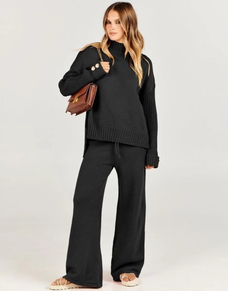 Women's Two Piece Outfits Sweater Sets Long Sleeve Knit Pullover and Wide Leg Pants Lounge Sets