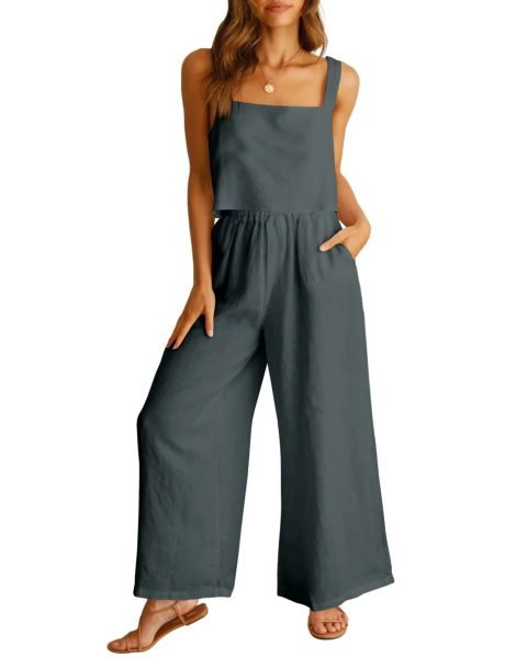 2 Piece Outfits Square Neck Sleeveless Tank Crop Top & Wide Leg Pants Lounge Set