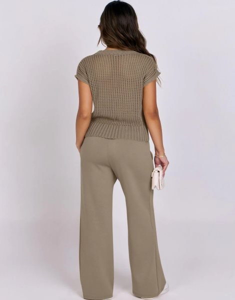 Women Two Piece Outfits Crochet Sheer Knit Sweater Top Wide Leg Pants Lounge Matching Sets Sweatsuit Travel Clothes