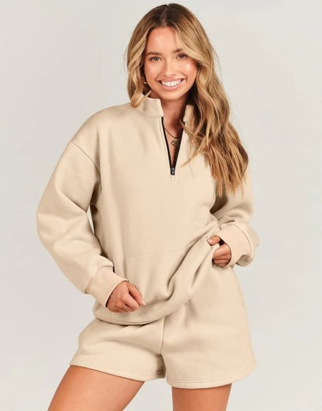 Sweatsuit Oversized Half Zip Collared Sweatshirt & Short Lounge Wear Tacksuit Set