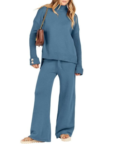 Women's Two Piece Outfits Sweater Sets Long Sleeve Knit Pullover and Wide Leg Pants Lounge Sets
