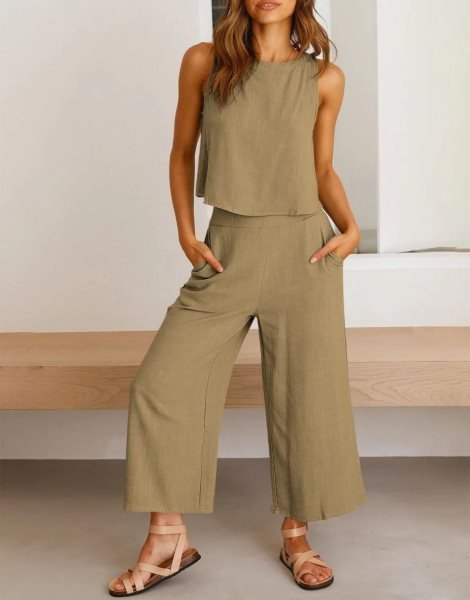 Sleeveless Tank Crop Button Back Top Cropped Pants Set With Pockets