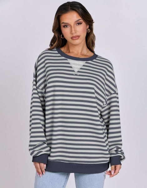 Women Striped Oversized Sweatshirt Long Sleeve Crewneck Shirts 2024 Fall Fashion Pullover Sweater Trendy Clothes