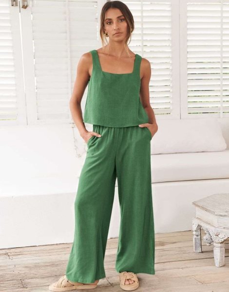 2 Piece Outfits Square Neck Sleeveless Tank Crop Top & Wide Leg Pants Lounge Set