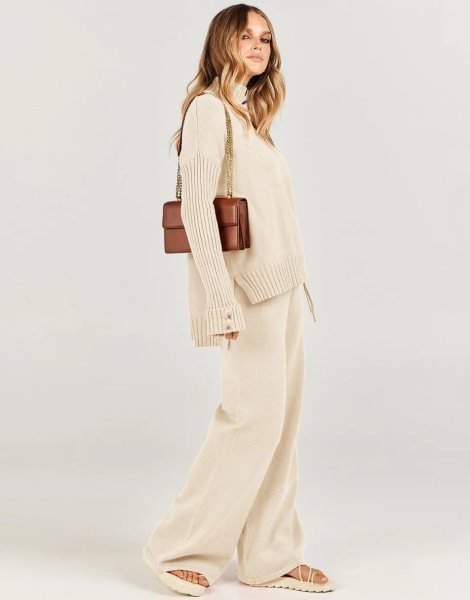 Women's Two Piece Outfits Sweater Sets Long Sleeve Knit Pullover and Wide Leg Pants Lounge Sets