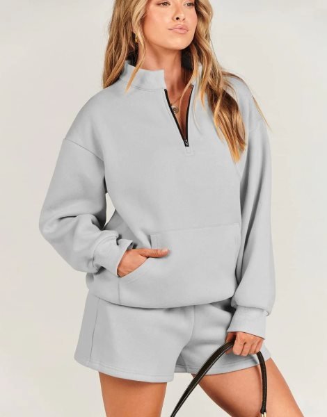 Sweatsuit Oversized Half Zip Collared Sweatshirt & Short Lounge Wear Tacksuit Set