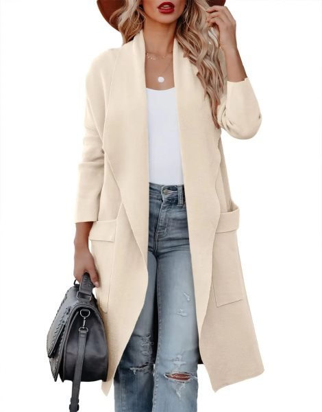 Women's Casual Long Sleeve Draped Open Front Knit Pockets Long Cardigan Jackets Sweater