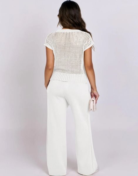 Women Two Piece Outfits Crochet Sheer Knit Sweater Top Wide Leg Pants Lounge Matching Sets Sweatsuit Travel Clothes