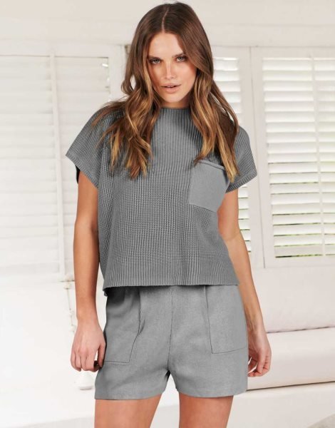 Women's Two Piece Outfits Sweater Short Sets Knit Pullover Tops and Shorts Lounge Set Tracksuit