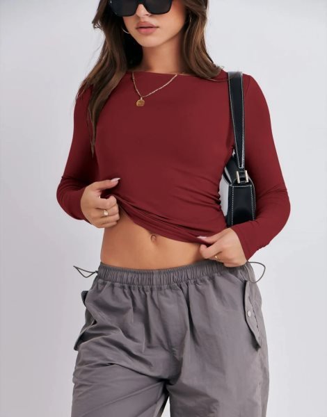 Women Long Sleeve Slim Fit Crop Top Going Out Tight T-Shirt Trendy Tees Streetwear