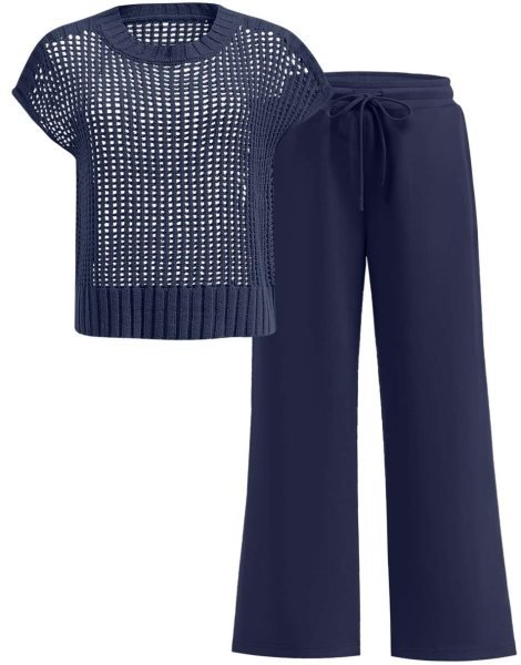 Women Two Piece Outfits Crochet Sheer Knit Sweater Top Wide Leg Pants Lounge Matching Sets Sweatsuit Travel Clothes