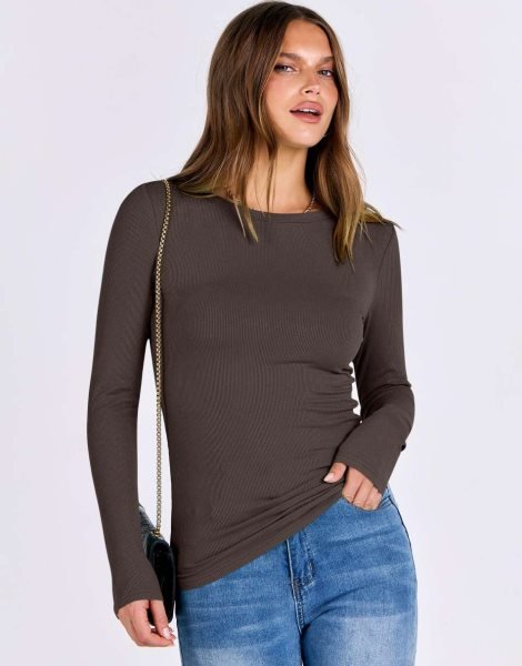 Women Long Sleeve Crewneck Rib Knit Slim Fit Shirts Basic Tee Tops 2024 Casual T-Shirt Going Out Workout Outfits