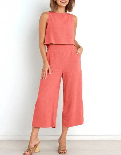 Sleeveless Tank Crop Button Back Top Cropped Pants Set With Pockets