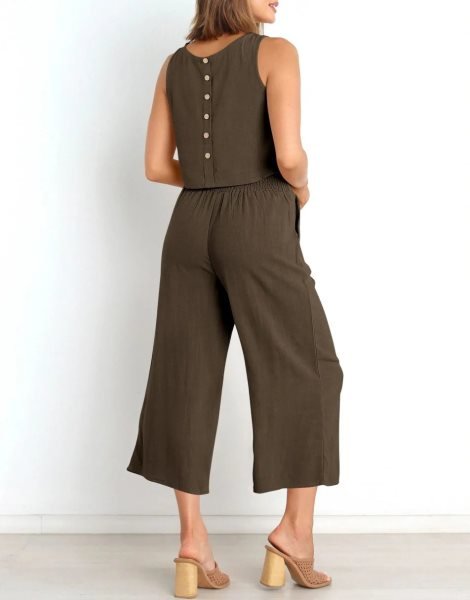 Sleeveless Tank Crop Button Back Top Cropped Pants Set With Pockets