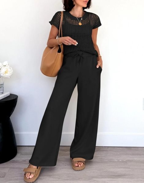 Women Two Piece Outfits Crochet Sheer Knit Sweater Top Wide Leg Pants Lounge Matching Sets Sweatsuit Travel Clothes