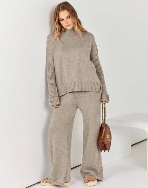Women's Two Piece Outfits Sweater Sets Long Sleeve Knit Pullover and Wide Leg Pants Lounge Sets