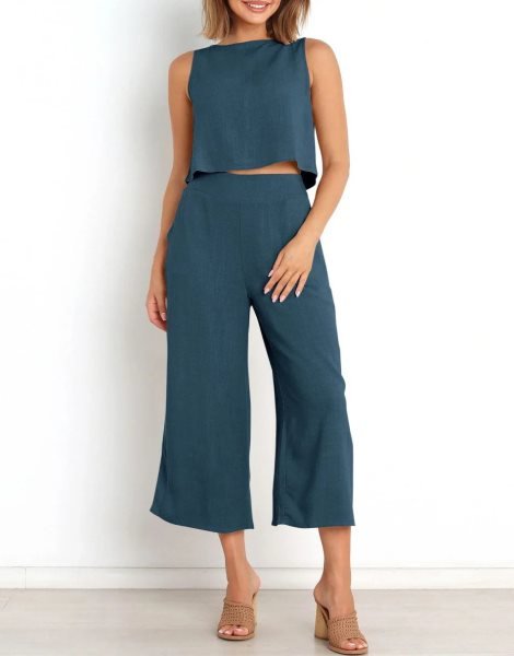 Sleeveless Tank Crop Button Back Top Cropped Pants Set With Pockets