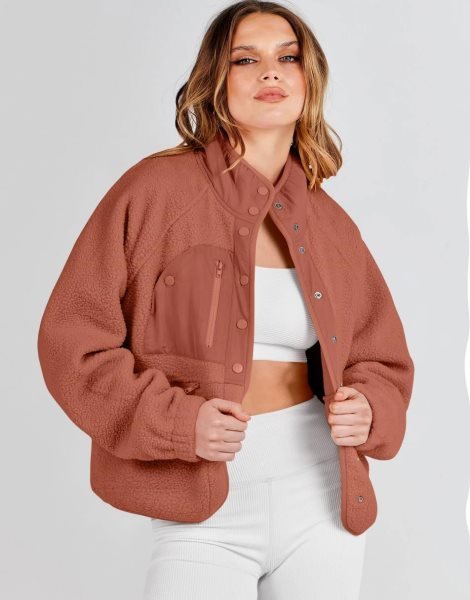 Womens Fleece Jacket Button Down Shacket Casual Sherpa Cropped Coats Warm Outwear with Pockets