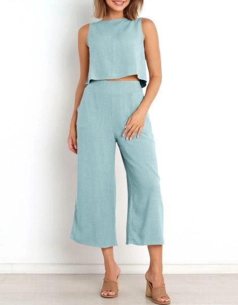 Sleeveless Tank Crop Button Back Top Cropped Pants Set With Pockets