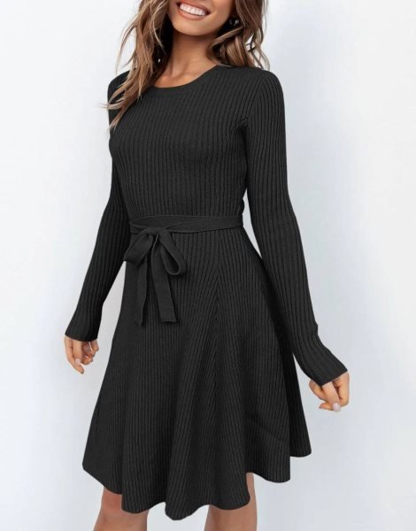 Women's Crewneck Long Sleeve Tie Waist A-Line Swing Bodycon Short Dress Casual Solid Ribbed Knit Sweater Dress