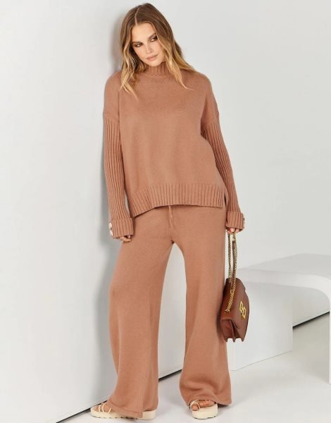 Women's Two Piece Outfits Sweater Sets Long Sleeve Knit Pullover and Wide Leg Pants Lounge Sets