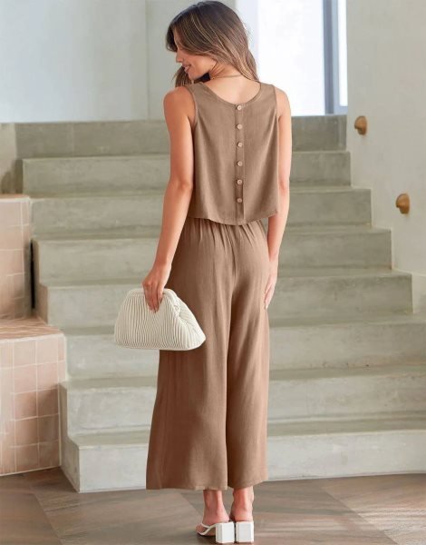 Sleeveless Tank Crop Button Back Top Cropped Pants Set With Pockets