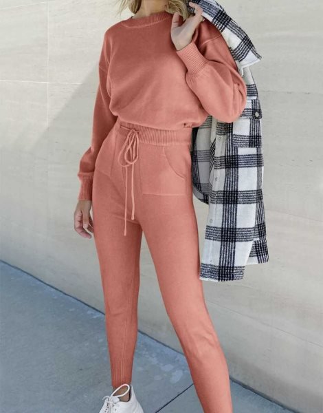 Women's Two Piece Outfits Sweater Sets Pullover and Drawstring Pants Lounge Sets