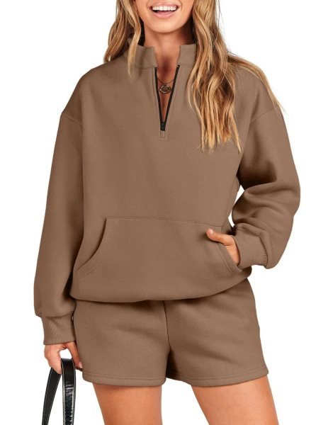 Sweatsuit Oversized Half Zip Collared Sweatshirt & Short Lounge Wear Tacksuit Set