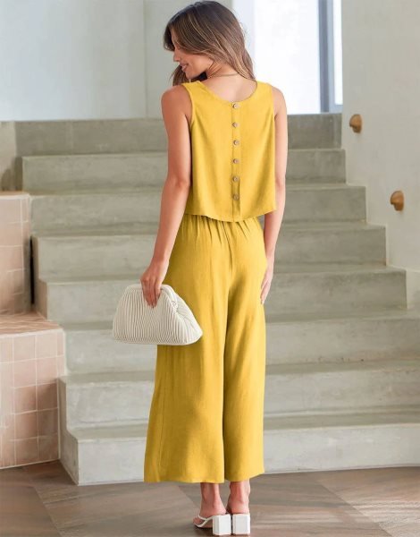Sleeveless Tank Crop Button Back Top Cropped Pants Set With Pockets