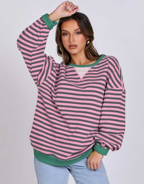 Women Striped Oversized Sweatshirt Long Sleeve Crewneck Shirts 2024 Fall Fashion Pullover Sweater Trendy Clothes
