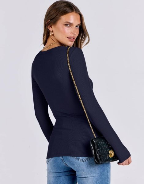 Women Long Sleeve Crewneck Rib Knit Slim Fit Shirts Basic Tee Tops 2024 Casual T-Shirt Going Out Workout Outfits