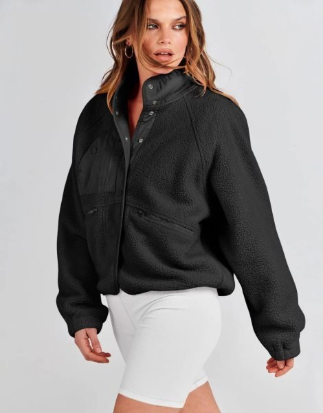 Womens Fleece Jacket Button Down Shacket Casual Sherpa Cropped Coats Warm Outwear with Pockets