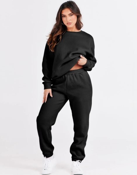 Women's Two Piece Outfits Long Sleeve Crewneck Sweatsuit with Jogger Pants Lounge Sets with Pockets