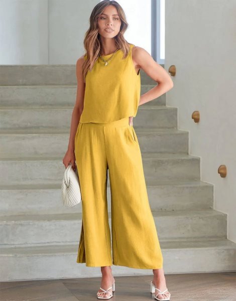 Sleeveless Tank Crop Button Back Top Cropped Pants Set With Pockets