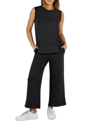 Women's 2 Piece Sets Summer Outfits Sleeveless Wide Leg Tracksuits Casual Sweat Sets Lounge Sweatsuits
