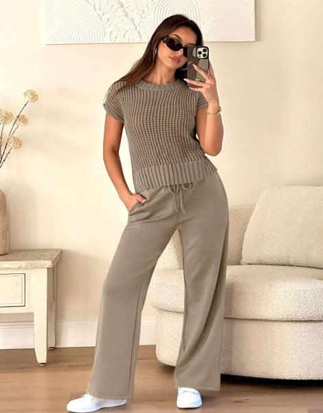 Women Two Piece Outfits Crochet Sheer Knit Sweater Top Wide Leg Pants Lounge Matching Sets Sweatsuit Travel Clothes