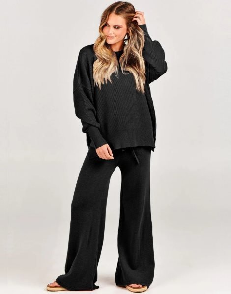 Women 2 Piece Outfits Sweatsuit Oversized Sweater Set & Wide Leg Pants Fall Chunky Lounge Set