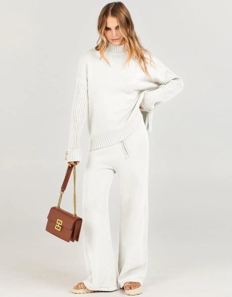Women's Two Piece Outfits Sweater Sets Long Sleeve Knit Pullover and Wide Leg Pants Lounge Sets