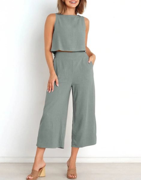 Sleeveless Tank Crop Button Back Top Cropped Pants Set With Pockets